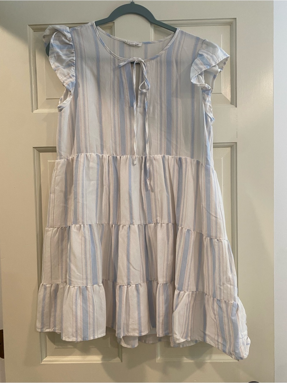 Blu Pepper White and Light Blue Striped Tiered Mini Dress